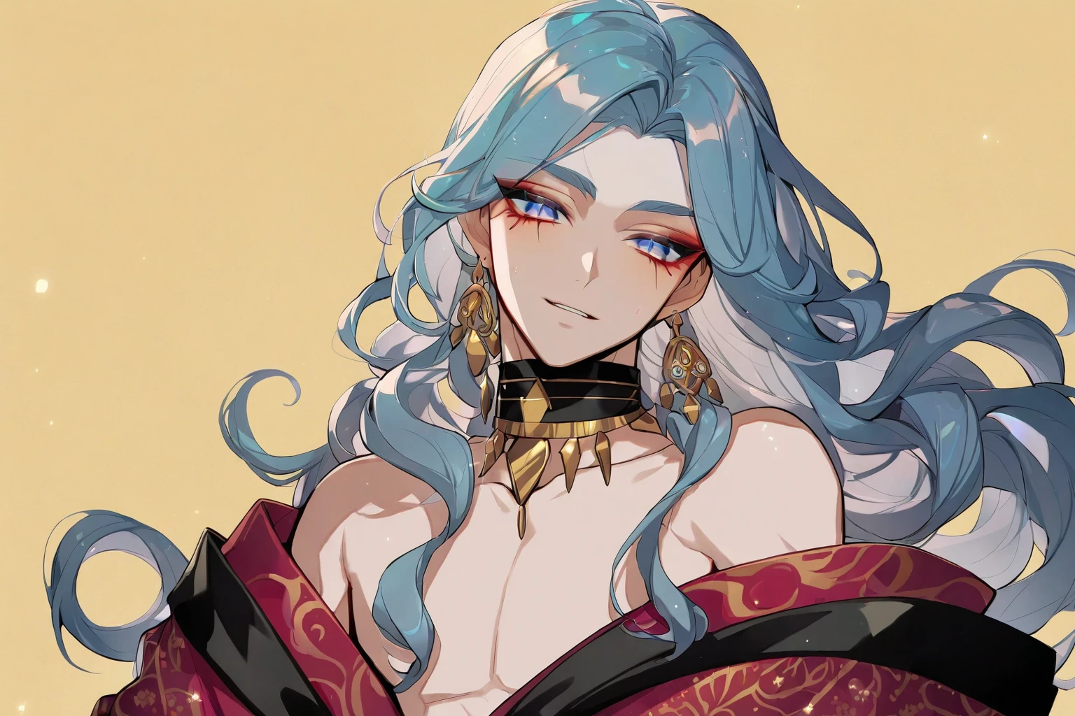 (masterpiece),(highest quality),highres, (extremely detailed), ultrahires, yellow skin, altmer, pretty boy, male, anime guy, male, soft features, dollish eyelashes, portrait, long wavy hair, smoky eyes, egyptian eyeliner, lithe, off-shoulder male kimono, stand collar, richly patterned brocade, ostentatious brocade robes, glamorous, gorgeous, stunning eyes, jewelry, veils, golden skin, dewy skin, bjd, glossy eyelids, vibrant, pointy chin, v shaped jaw, iridescent,