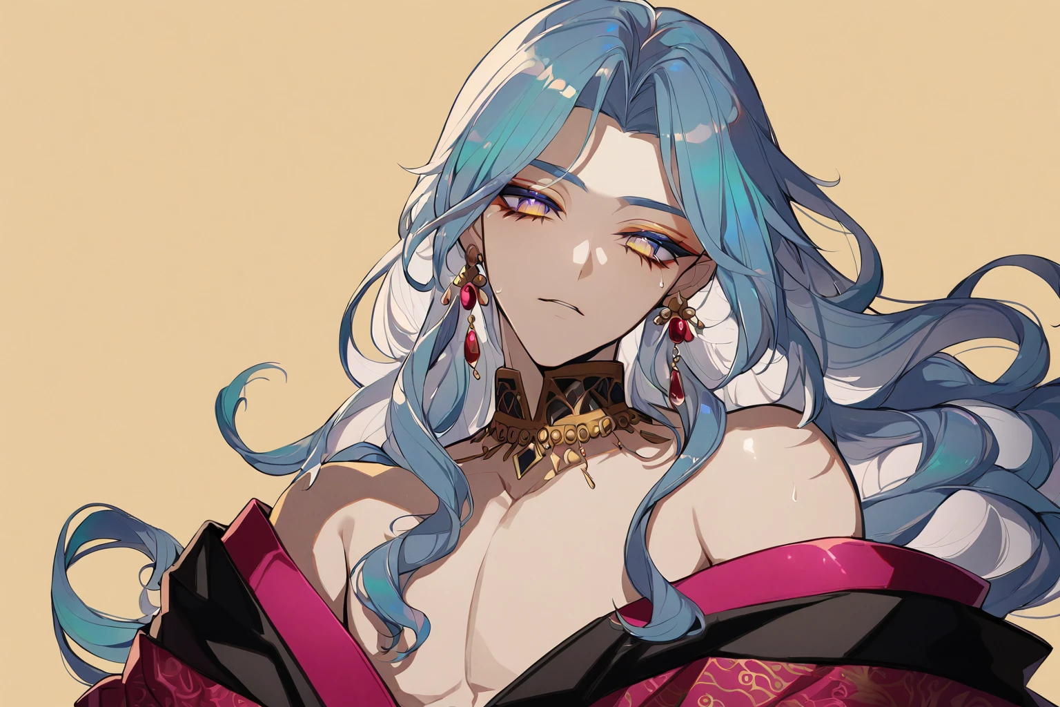 (masterpiece),(highest quality),highres, (extremely detailed), ultrahires, yellow skin, altmer, pretty boy, male, anime guy, male, soft features, dollish eyelashes, portrait, long wavy hair, smoky eyes, egyptian eyeliner, lithe, off-shoulder male kimono, stand collar, richly patterned brocade, ostentatious brocade robes, glamorous, gorgeous, stunning eyes, jewelry, veils, golden skin, dewy skin, bjd, glossy eyelids, vibrant, pointy chin, v shaped jaw, iridescent,