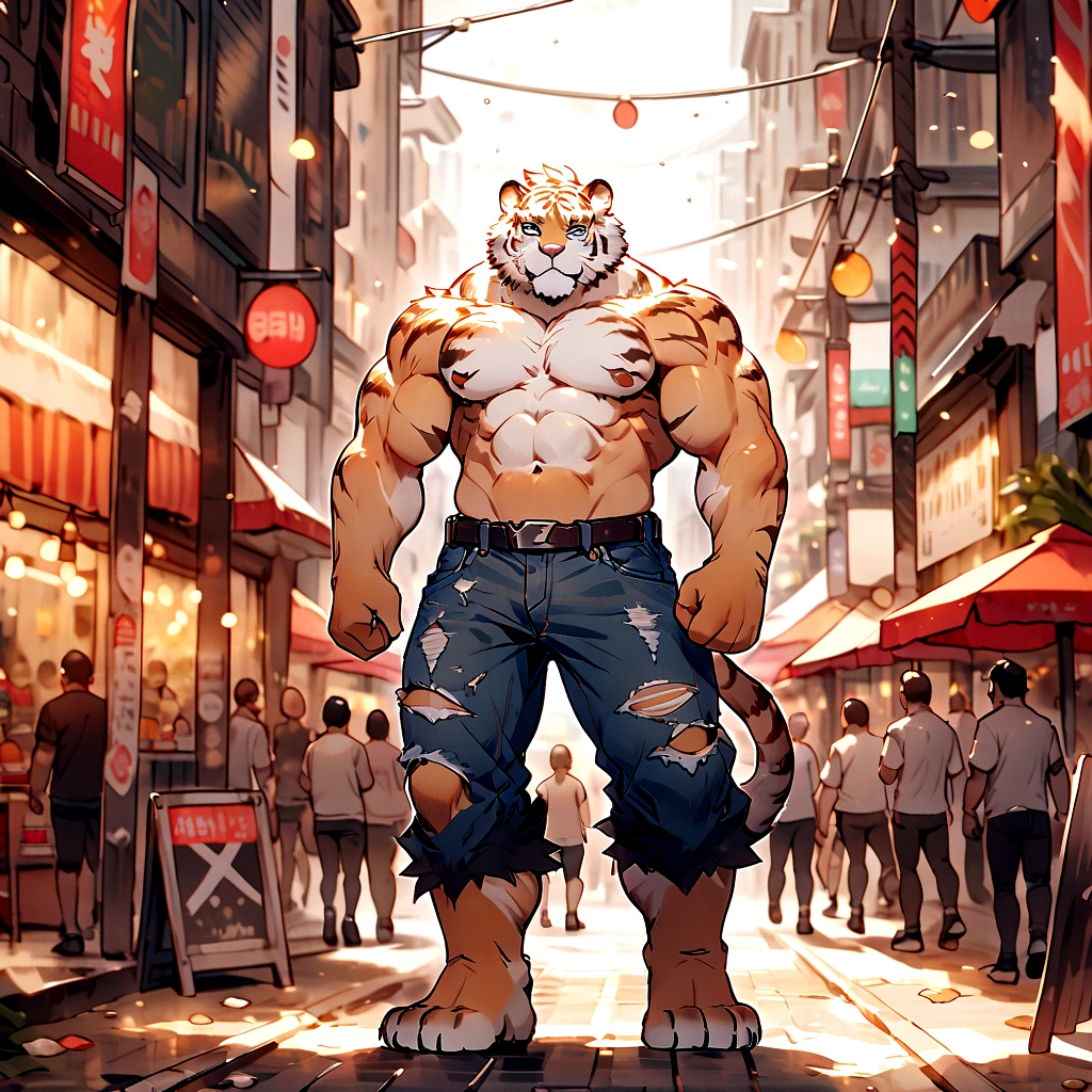 A large, muscular anthro white tiger  wearing torn jeans and no shirt