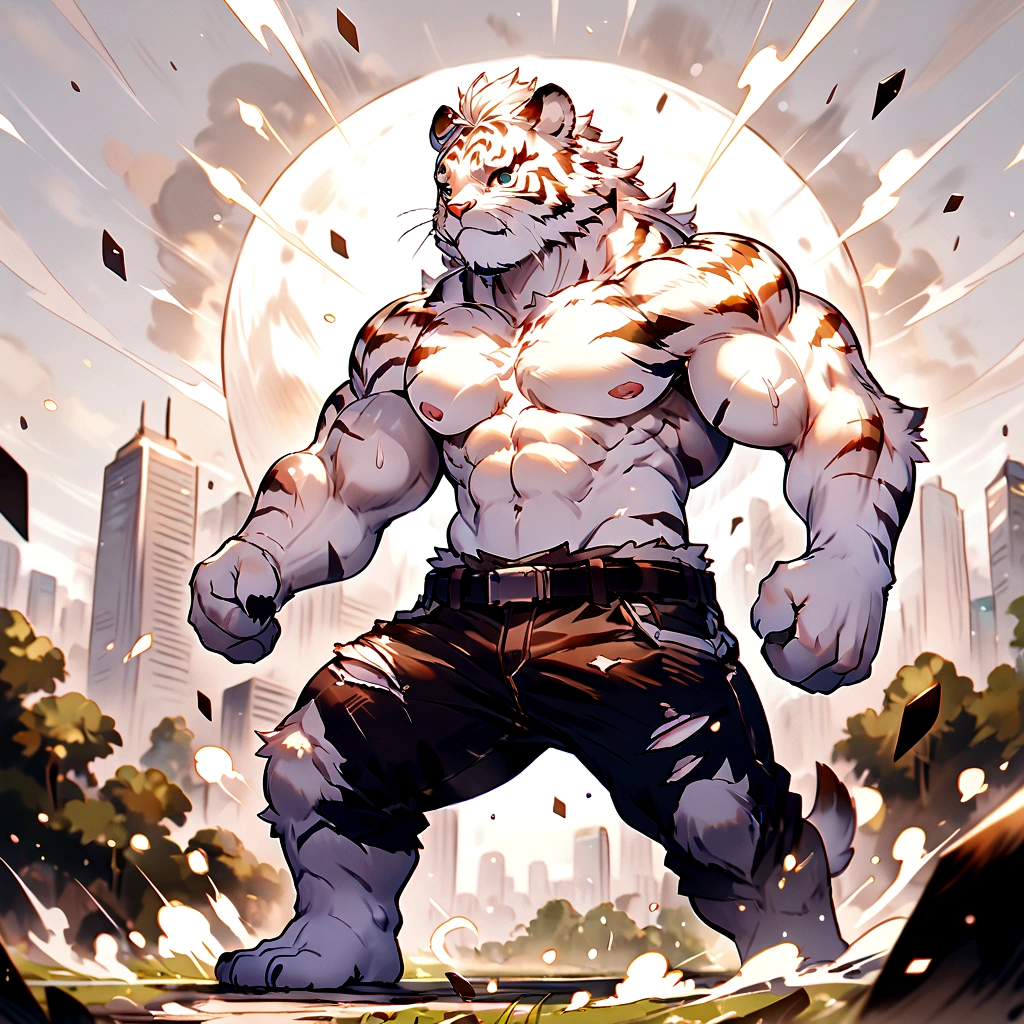 A large, muscular anthro white tiger  wearing torn jeans and no shirt