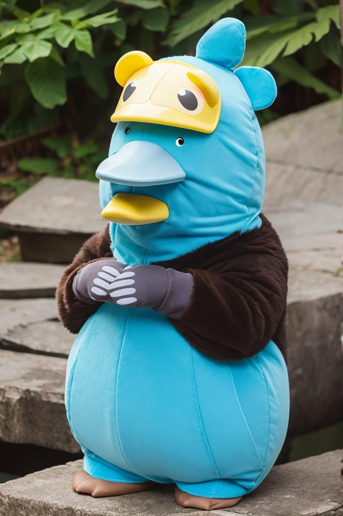 platypus,character,Wearing a bear costume,The face is blue,The beak is yellow in color.