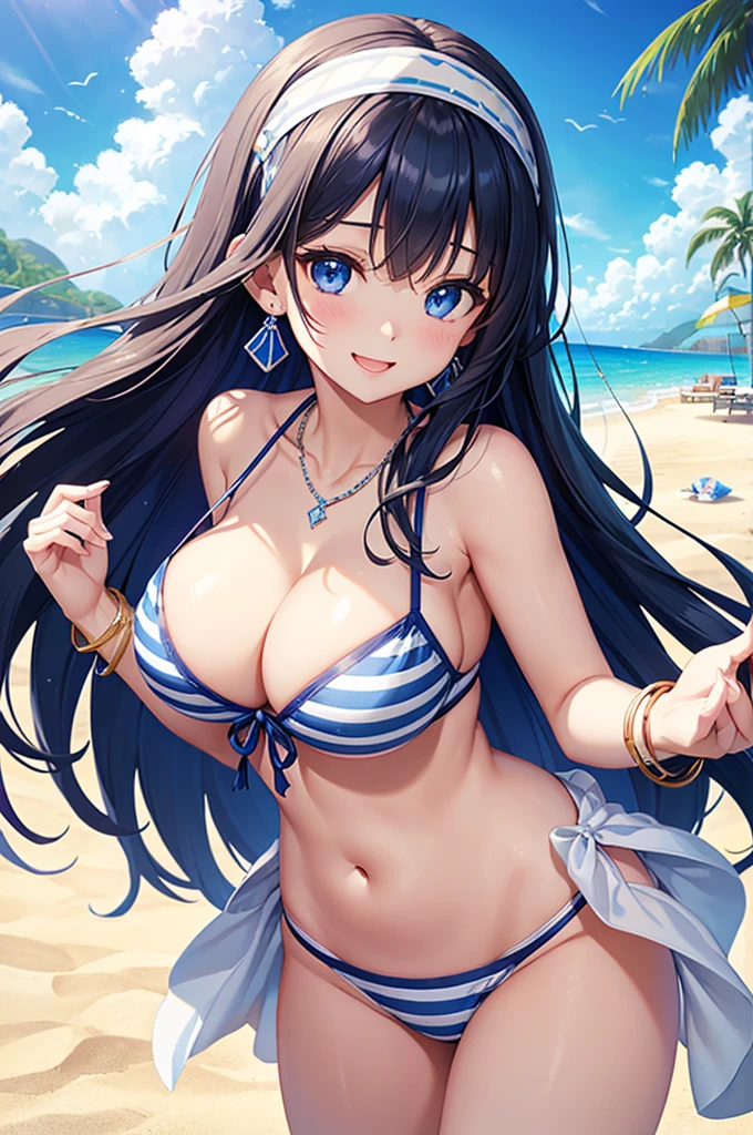 Highest quality、Highest quality、masterpiece、Beauty、Navy blue long hair、blue eyes、Sexy white bikini(Dark striped pattern)、Big cleavage、(Big Breasts),smile、blue necklace、Blue Earrings、background(Beach)、Please open your mouth wide、White headband、bracelet、A dynamic pose