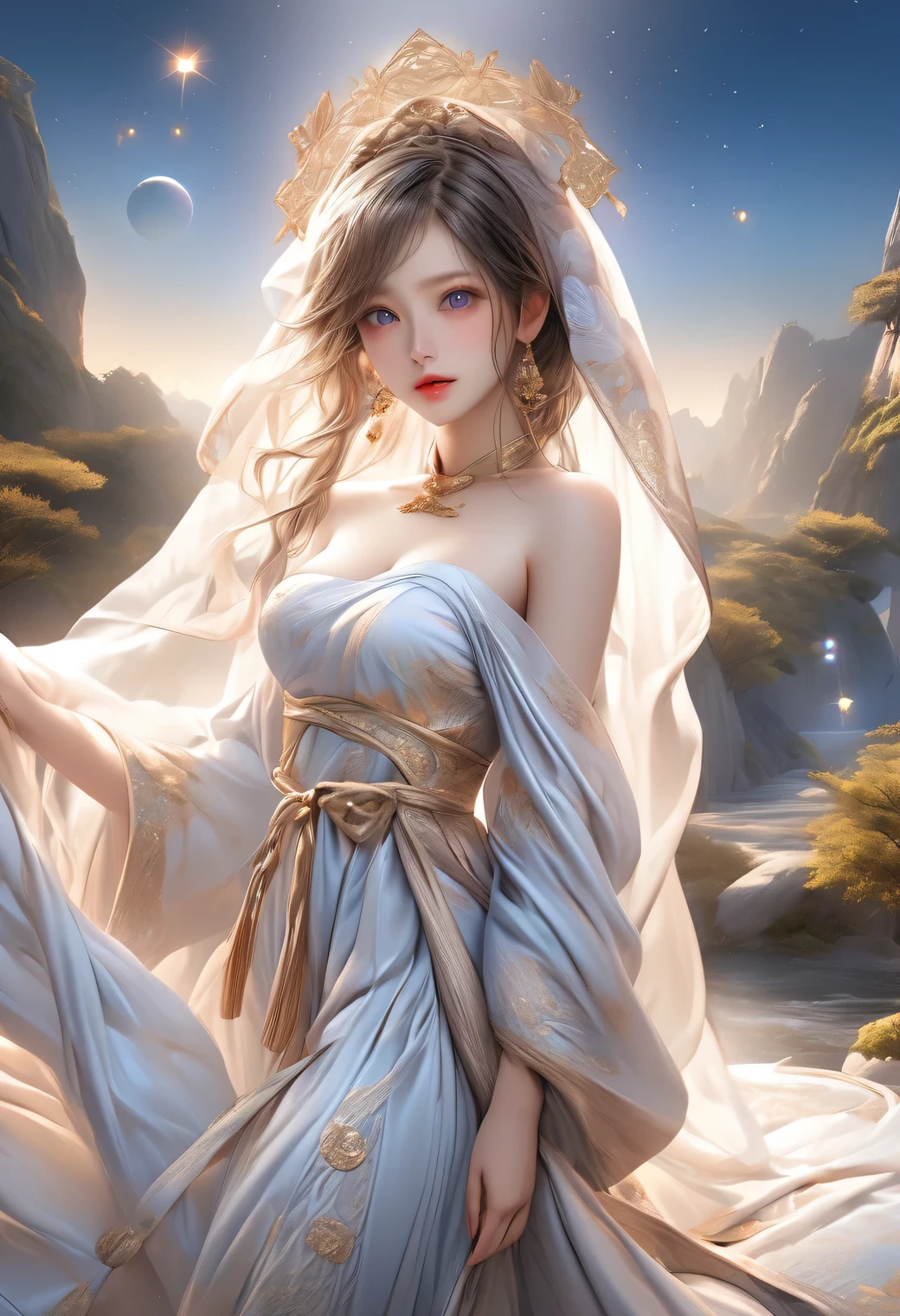 Fantasic Illustration, Masterpiece: 1.2, Highest Quality, Highres, 16k, Beautiful Detailed, Ultra-Realistic, Photo Realistic: 1.37, a beautiful and cute celestial maiden, take off  hanfu robes and veil (bare shoulder, bare breast, strapless), detailed whole-body, beautiful detailed eyes, beautiful detailed lips, extremely detailed face, long eyelashes, flowing hair, elegant pose, fantasy shangri-la landscape background, glowing light, soft warm colors, cinematic lighting, intricate details, digital art, active posing