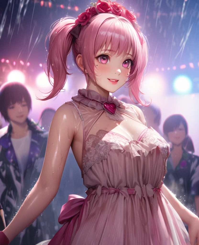 One Girl、Looking at the audience、lovely,
Beautiful pink eyes、short twin tail hair , Mole under the eye、Plump and glossy lips、Heart-shaped choca、Idol、Her name is Rico,smile、ー、。.。.。.。.。.。.。.。.。.。.。.。.。.。.。.。.。.。.3D、Realistic、
The idol's costume was soaked in the heavy rain, and her chest was wet and transparent.Heavy rain at outdoor concert, Drape clothes、gem、The decoration has been removed、Floral、Lace trim,On a glittering stage、
masterpiece、highest quality、8k、Detailed skin texture、Detailed cloth texture、Beautifully detailed face、Intricate details、Very detailed、
超A high resolution、8k Ultra HD、Film Grain、Best Shadow、delicate、Gazing at the audience、front