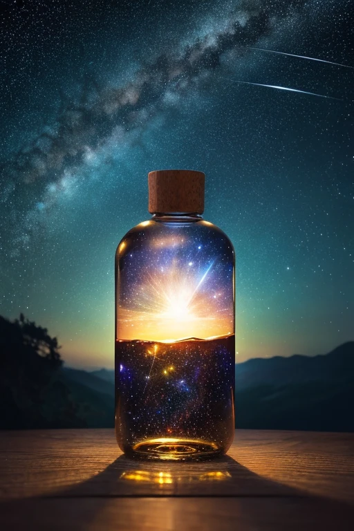 masterpiece、Highest quality、(A very delicate and beautiful starry sky scene trapped in a bottle)、World Masterpiece Theatre、High resolution equirectangular projection、Highest quality、Awareness-raising、material、canvas、oil、realism、Realistic