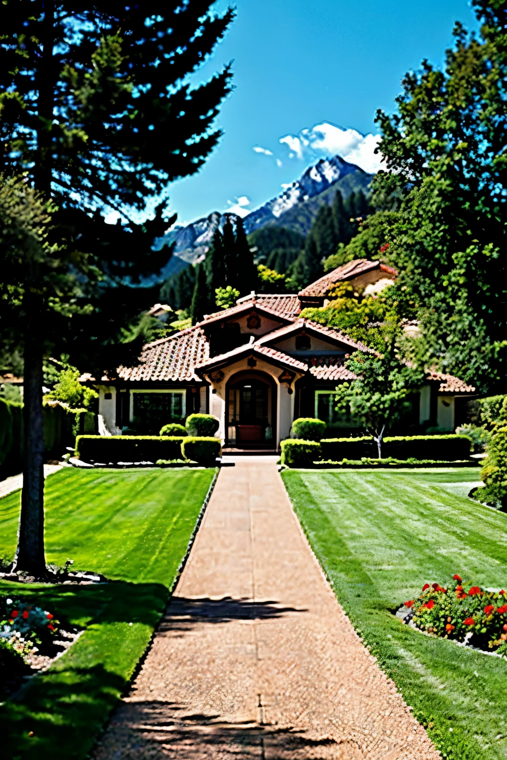 There is a small house with a red tile roof, a beautiful house, with mountains in the background, a large yard with green grass and flowers on the edge of the lawn, and the path to the house is paved with paved stones. The house must stand out the most in the photo, footage around the house. Smooth, gentle movement, angle shot from above