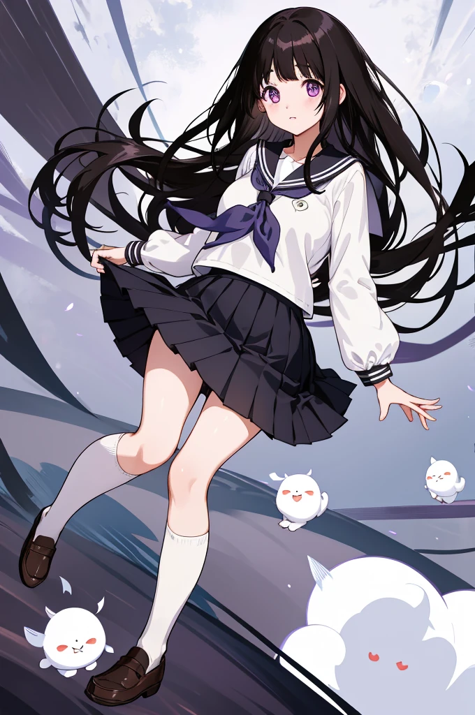 best quality, highres, 1girl, chitanda eru, long hair, , black hair, kamiyama high (hyouka), skirt, purple eyes, socks, serafuku, kneehighs, white socks, pleated skirt, sailor collar, shoes, bangs, black sailor collar, brown footwear, neckerchief, loafers, black skirt, long sleeves, large breasts,
