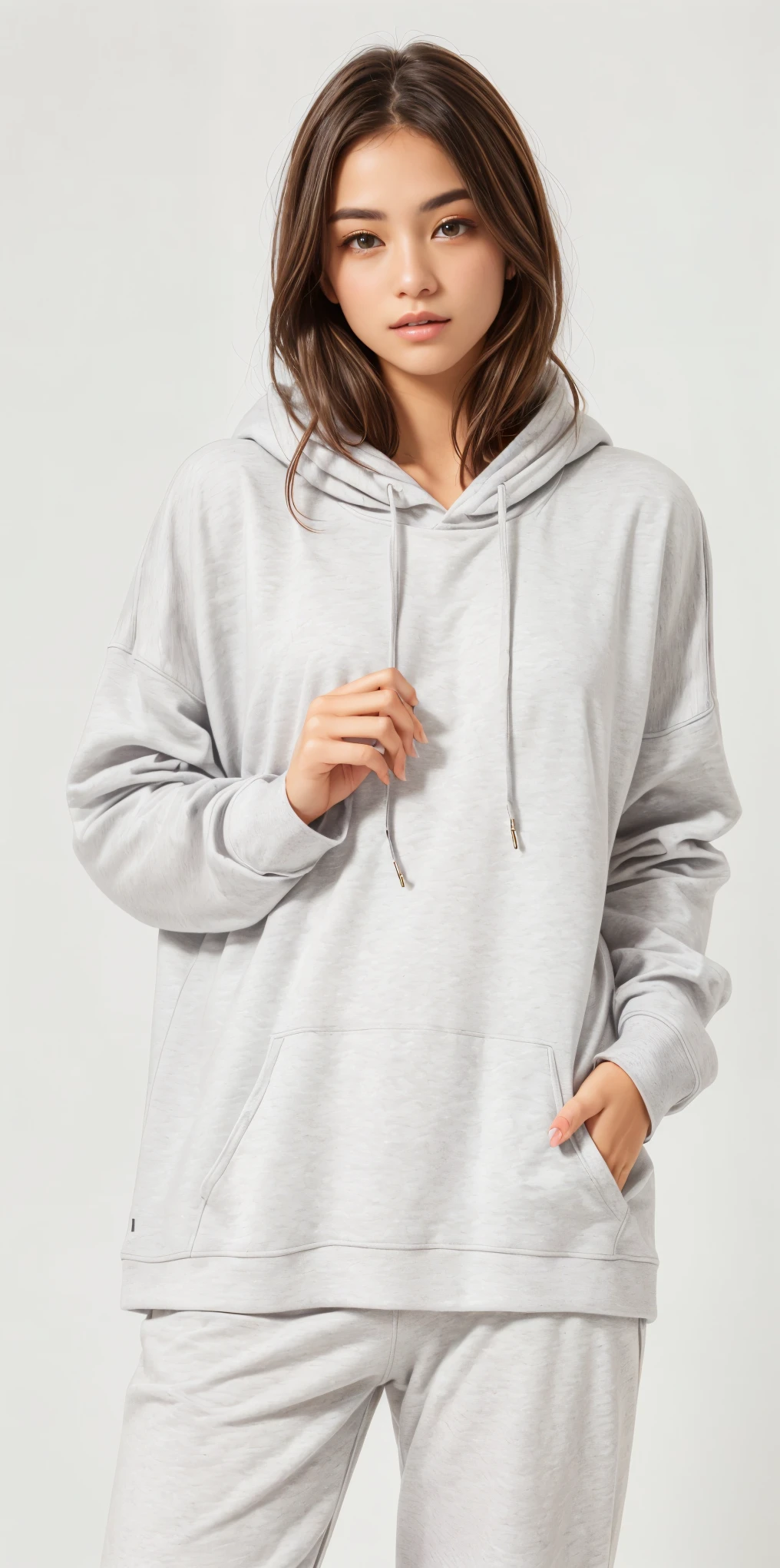 a woman in a grey capuz and sweatpants stands in front of a white background, grey capuz, wearing capuz, gray capuz, oversized capuz, capuz, vestindo um moletom cinza com capuz, wearing a capuz, wearing an oversized capuz, light grey capuz opened, vestindo moletom, Hodie Mihi Cras Tibi, grey capuz opened, in a capuz