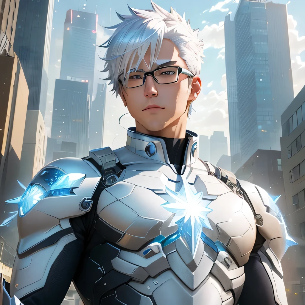 anime character with white hair and glasses standing in front of a city, detailed digital anime art, game cg, realistic anime 3 d style, male anime character, detailed anime character art, fighting game character, anime cgi style, genos, shiro takatani, advanced digital anime art, akihiko yoshida. unreal engine, quicksilver, this character has cryokinesis,  superhero, powerful ice, attack pose