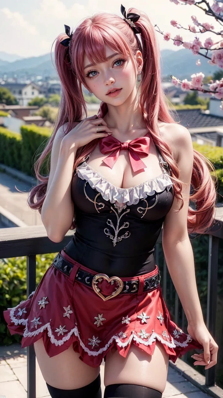 1girl, beautiful detailed eyes, beautiful detailed lips, extremely detailed eyes and face, long eyelashes, blushing, half body shot, lovely face, embarrassed expression, smiling at viewer, perona one piece, twin tails, goth costume, striped leggings, skirt, cherry blossoms, balcony background, (best quality, 8k, highres, masterpiece:1.2), ultra-detailed, (realistic, photorealistic, photo-realistic:1.37), vivid colors, physically-based rendering, extreme detail description, professional