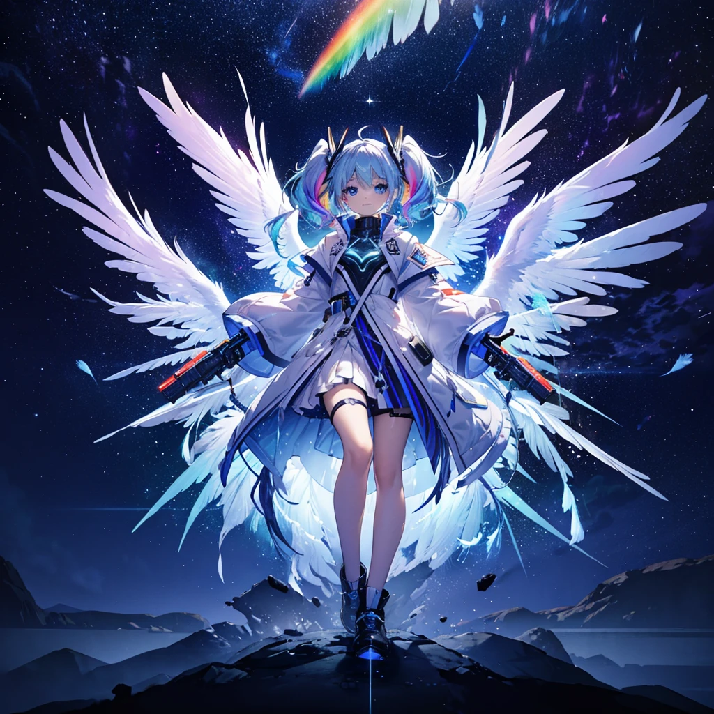 ((Archangel Fantasy Rainbow Hair Make your hair rainbow-colored on the inside Twin tails Dull blue eyes)) ((Has a galaxy uniform Put on a coat without putting your arms through it)) (((Wings many times larger than mine rainbow gradient feathers Glass Feather))) ((Pillar of Light cyber punk Smiling Kindly front)) ((((Raise your left hand Gather power in your left hand)))) ((gloves)) (Broken glass Rolling Pebbles Distorted Space-Time star) Catch the wind milky way Shining Background Particles of light rainbow colored edges Shining Edge star