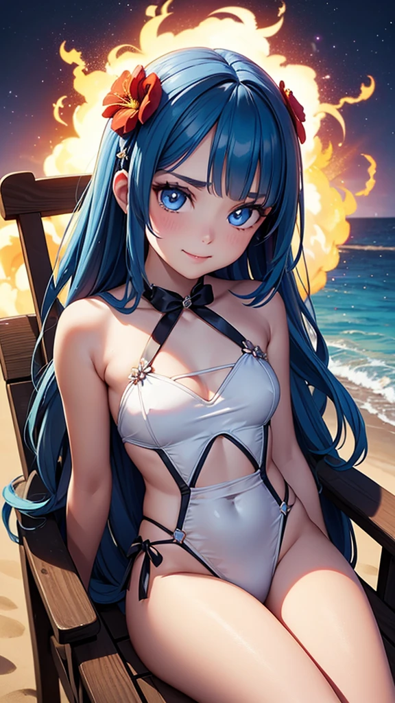 masterpiece, exquisite, {beautiful and meticulous girl}, beautiful and detailed halo, (fire of war: 1.2), (fire explosion behind: 1.3), rain, detailed lighting, detail water, (beautiful and detailed eyes: 1.1), glitter_force, palace, sky blue hair, scattered hair, long bangs, eyebrows, (Open Stitch Ring Linked Halter Neck Backless Swimsuit: 1.1), black ribbon, white bow tie, upper abdomen, big forehead, flower, sinister smile, sitting in a beach chair