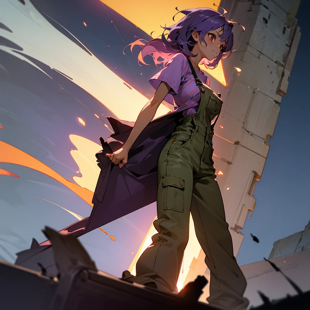 1female, young adult, tan skin, big breast, finely detailed red eyes, messy medium hair, purple hair, beater shirt, overalls, combat pants, standing on ruined building, night time, excited expression