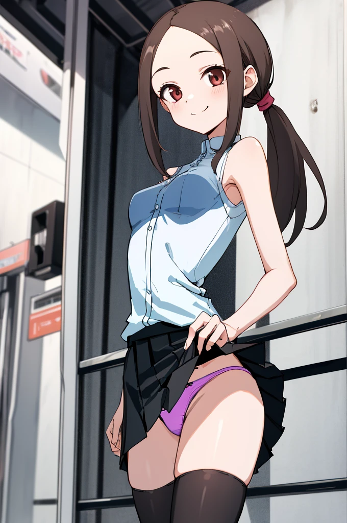 masterpiece, best quality, ultra highres, 1girl, ), long hair, low ponytail, , sleeveless, miniskirt,thighhighs,(petite:1.2), outdoor
skinny arms, slim body, skinny girl, skinny hips, narrow torso, thin torso,looking viewr,smile,medium ,(((lift skirt,panties
