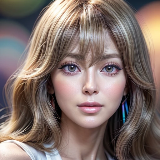 NSFW, 8k, High-level, absurd, masterpiece, best quality, primitive, very detailed CG, very detailed wallpaper, perfect lighting, Extremely detailed ((( personifying " Farrah Fawcett Majors " as a  Girl))), MysticSight, Tyndall effect, Tyndall scattering, (Studio gray background with (Overflowing oodles Dazzling RainbowColorParticles (BokeH))), (RoundlyButts, ThighGap), (Exposed:0.4), (Assfocus with looking ahead) BREAK  (Acutance:0.88), (NOGIZAKA face variations) Extremely Detailed very KAWAII face variations, perfect anatomy, Childish, CaptivatingGaze ElaboratePupils detailed Eyes with (sparkling highlights:1.28), (Voluminous LongEyelashes、GlossyRED Lips with beautiful details, RosyCheeks, Radiant PearlSkin with Transparency . { (Dynamic LifeLike expressions:1.4) | :d) }, (large eyes:-1) .