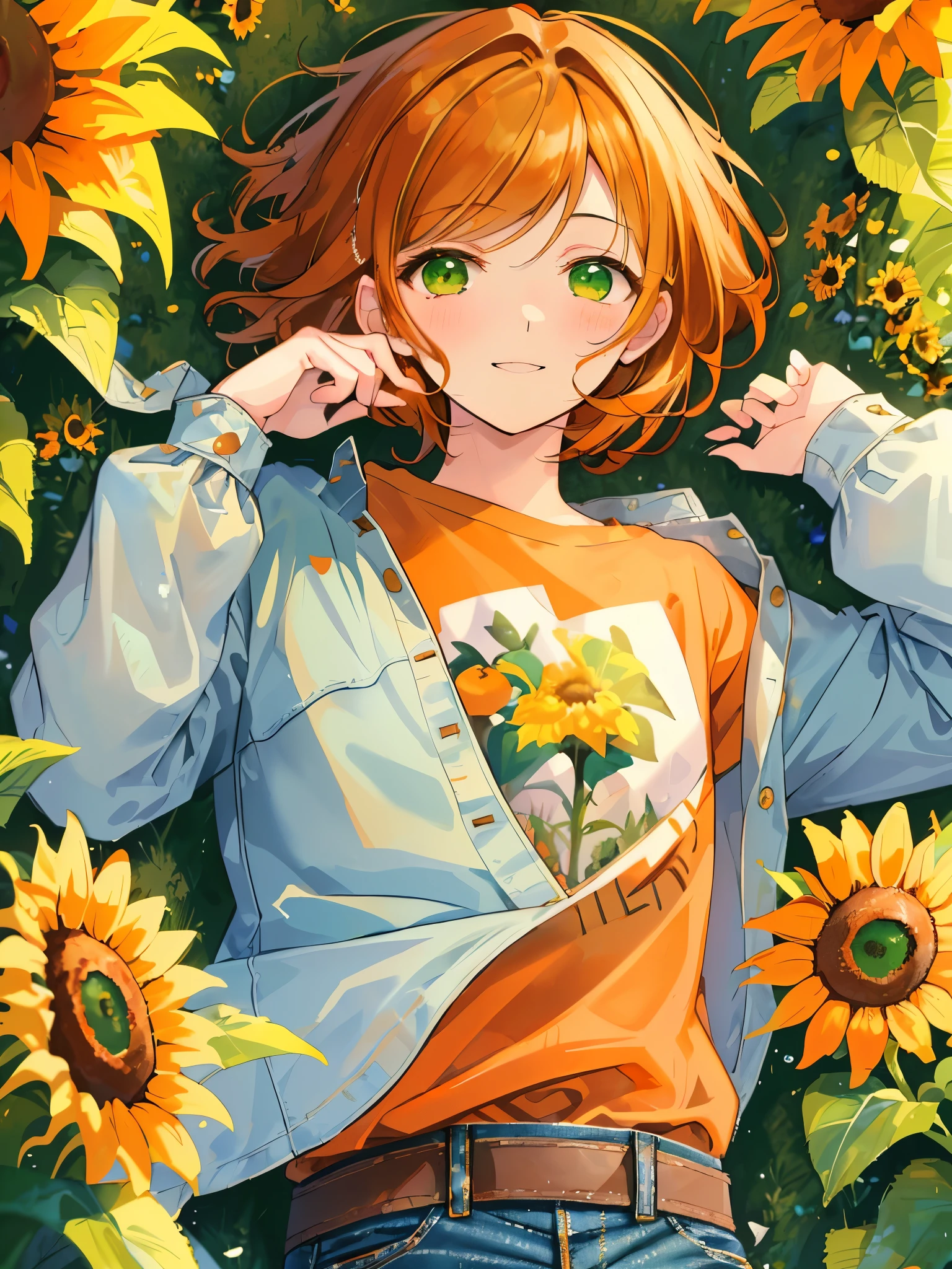 masterpiece、Highest quality、Super detailed、Very delicate、solo、One boy、1 male、(Orange brown hair:1.25),(Fluffy hair:1.2),(short hair:1.2),(Center parted bangs),sunflower,(Green Eyes:1.4),(blush)、smile,(Long sleeve shirt:1.25),(denim:1.35),
