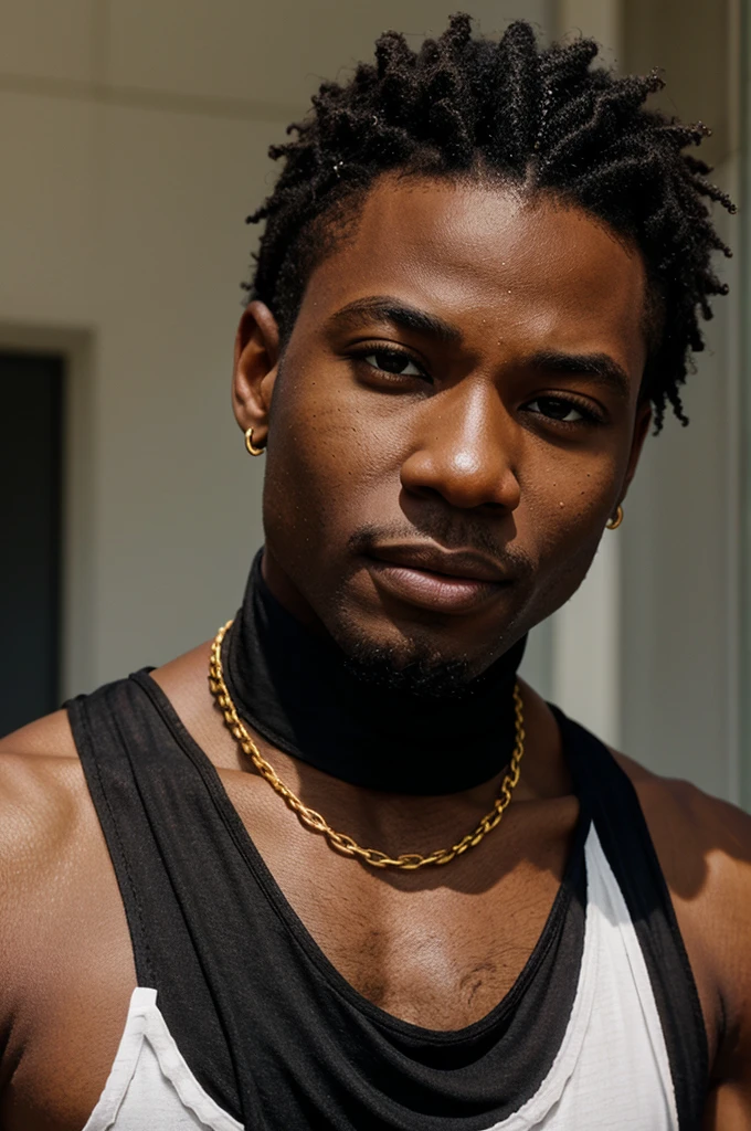 BLACK MAN, BLACK BANDANA, WHITE TANK TOP, GOLD CHAIN, FACE FRONT, BRIGHT FACE, WHITE SLEEVELESS SHIRT