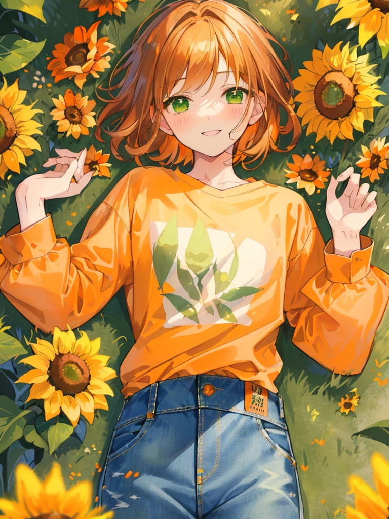 masterpiece、Highest quality、Super detailed、Very delicate、solo、One boy、1 male、(Orange brown hair:1.25),(Fluffy hair:1.2),(short hair:1.2),(Center parted bangs),sunflower,(Green Eyes:1.4),(blush)、smile,(Long sleeve shirt:1.25),(denim:1.35),