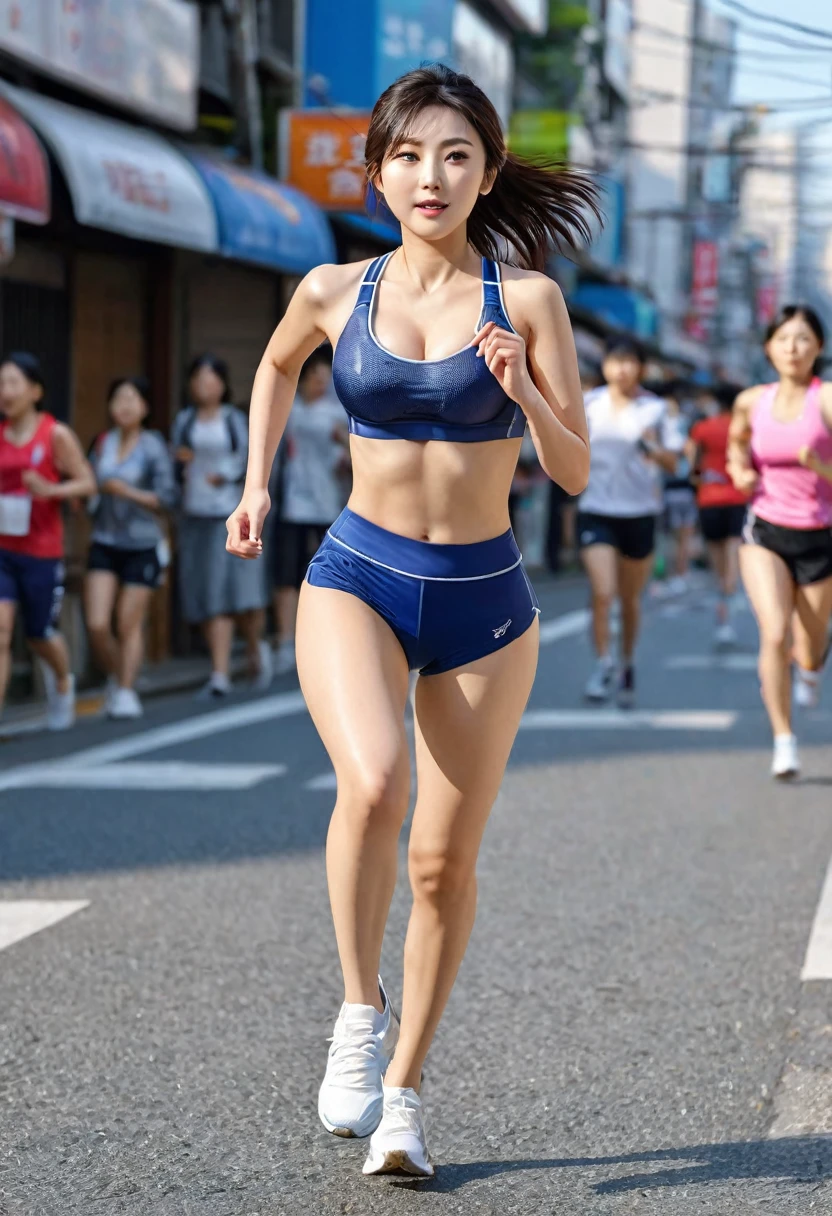 best quality, 8k, very delicate and beautiful, highly detailed face and skin texture, shiny skin, high resolution, big tits cute japanese girl in sport bra running on street, full body, sharp focus