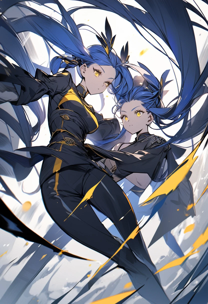 (One very tall, good looking woman,Navy Blue Hair,Her hairstyle is twin tails that expose her forehead., yellow eyes,Medium chest,Dynamic Angle)Thick Black1Color ,Black trousers,The woman is carrying a spear in one hand.