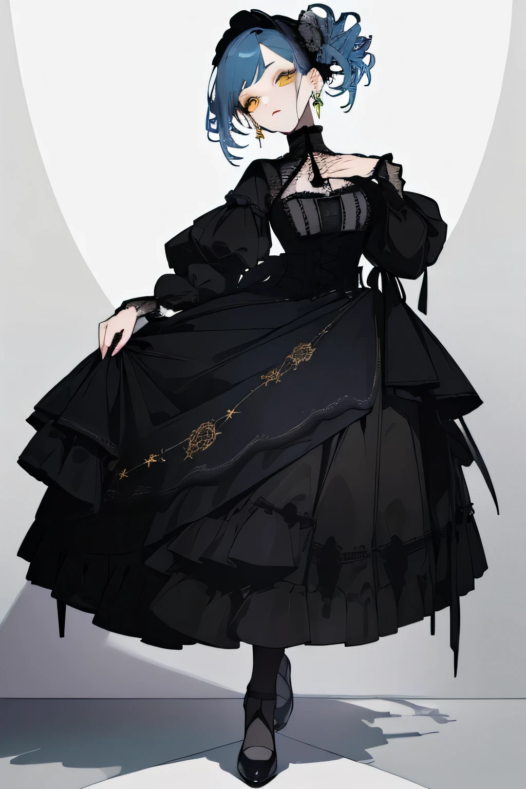 (highest quality、masterpiece:1.2), ((Mature Woman))Huge , Adult face、Blue Hair、Both sides up、Yellow Eyes, (Dark eyeshadow、Lots of earrings) Gothic Dress, Black Dress, Victorian dress,whole body,whole body立ち絵,Down to the shoes,modeling,model,White background