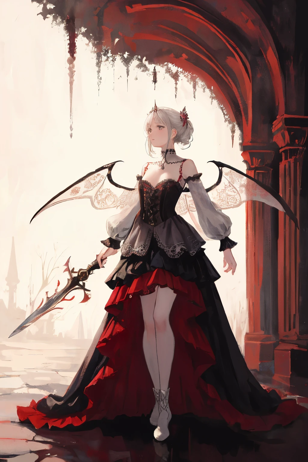 ((best quality)), ((masterpiece)), (detailed), 1girl, Character design, female, dynamic poses, long white grey hair, grey white eyes, very skinny, detailed, best quality, no accesoires around the neck, no shoes, prominent collarbones, skinny arms, flat stomach, visible hip bones, full body, blank white background, plain background, white background, red and white clothing, Bloodborne inspired, occult aesthetic, occult, detailed and intricate steampunk and detailed gothic, NSFW, Very dramatic and cinematic lighting, cosmic horror, grim-dark, side-lighting, perfect face, NSFW, Fluttering lace flared long knee length dress with frilly petticoats, knee length dress, pleated petticoats, petticoats gothic, complex lace boots, side-lighting, gothic aesthetic, wielding a mighty sword with mechanical components, mandalas, small breasts, a fairy, various different types of insect wings, NSFW, full body, whole body, body, plain background, white background, blank background, no background, white background NSFW, chains, full body, whole body, head-to-toe NSFW