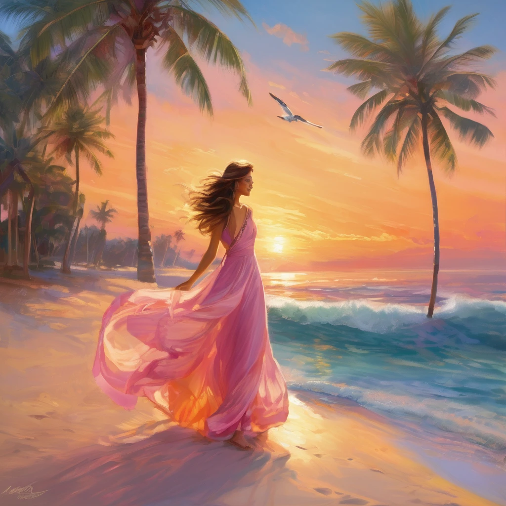 (Main Part, high resolution, illustration:1.2), Radiant young woman in flowing dress, (Elegant and graceful presence:1.1), (The golden sun sinks below the horizon:1.2), (The gentle sea breeze caresses your cheeks:1.2), (Quiet、Secluded beach，Palm trees:1.1), (Paint the sky with pink and orange pastels:1.2), (Gentle waves lapping against the sand:1.1), (Seagulls glide through the air:1.2), Paradise in the Maldives，Enjoy a charming and peaceful moment, Artistic Details, Fascinating composition.