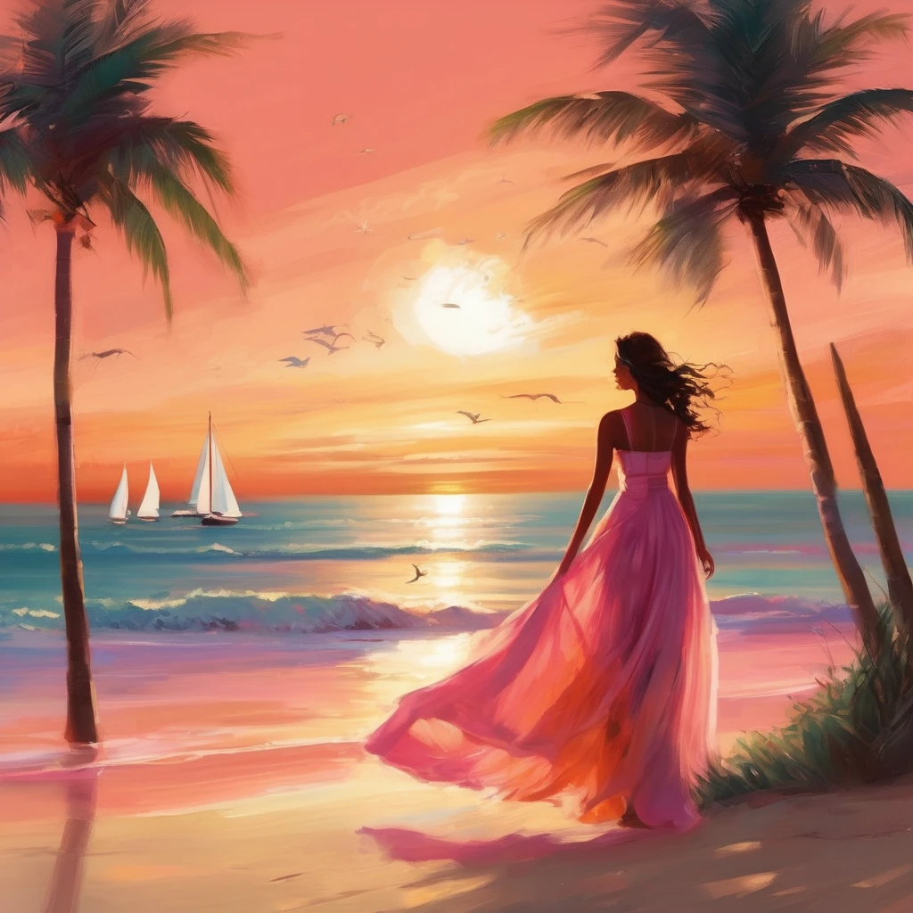 (Main Part, high resolution, illustration:1.2), Radiant young woman in flowing dress, (Elegant and graceful presence:1.1), (The golden sun sinks below the horizon:1.2), (The gentle sea breeze caresses your cheeks:1.2), (Quiet、Secluded beach,Palm trees:1.1), (Paint the sky with pink and orange pastels:1.2), (Gentle waves lapping against the sand:1.1), (Seagulls glide through the air:1.2), Paradise in the Maldives,Enjoy a charming and peaceful moment, Artistic Details, Fascinating composition.