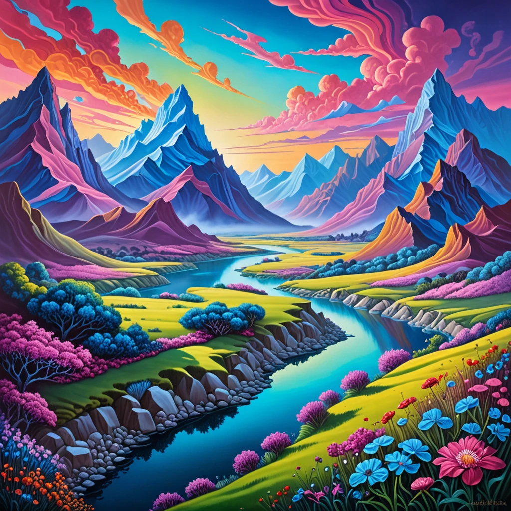 painting of a landscape with a river and mountains in the background, psychedelic landscape, in a surreal dream landscape, a surreal dream landscape, painting of a dreamscape, surreal landscape, surrealist landscape painting, surrealist landscape, ethereal landscape, lush alien landscape, mythical floral hills, surreal oil on canvas, psychedelic vegetation, (fantasy), surreal painting, fantasy artrealistic painting