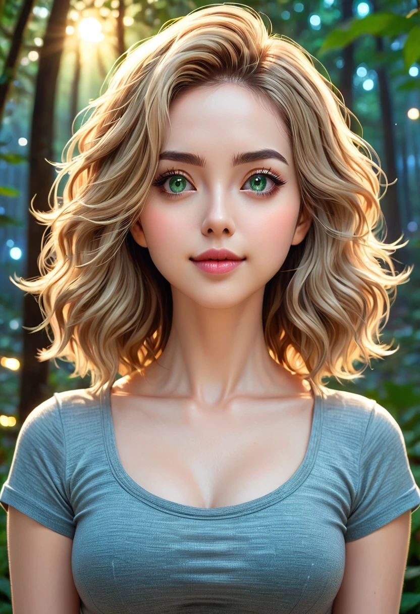1 girl,medium , b cup breast, Warm lights、It looks cold outside the windowhe looks like japaneese and african ,almond-shaped eyes, full lips, big eyes, full lips, almond-shaped eyes, full lips, and prominent cheekbones, slim waist, fit body, wearing casual dress, wavy long blonde hair, long blond cut hair, symmetrical green eyes, symmetrical face, photorealistic, photography, path tracing, specular lighting, volumetric face light, path traced hairmaximum quality{(masutepiece) (8K High Resolution) (top-quality) , woman in a dreamy forest at night, with fluffy hair, delicate face, realistic, real, slim, large aperture, sexy shots, attractive poses, Instagram model, wearing white yoga pants and gray top, tight yoga pants, long pants, cropped shirt, open navel, short sleeves, tight shirt, gray top, facing to the audience. A magical mashup of Alison Brie, Molly Quinn and Scarlett Johanson