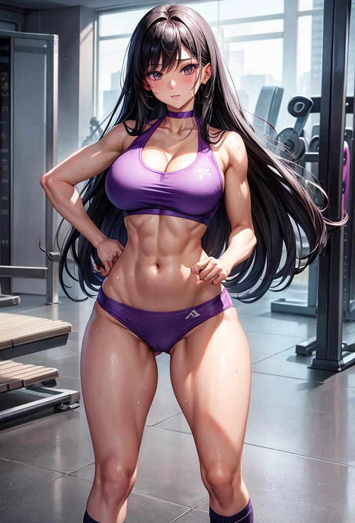 beautiful girl、Big Breasts、Black Hair、Long Straight、Great style、Nice body、Abdominal muscleuscular、Training Gym、Sports Bra、Light purple bra top、Cleavage、Light purple bikini pants、Beautiful buttocks、Toned Legs、Are standing、The whole body is visible、Sweaty skin、White training socks、shoes、One girl、I&#39;m doing weight training