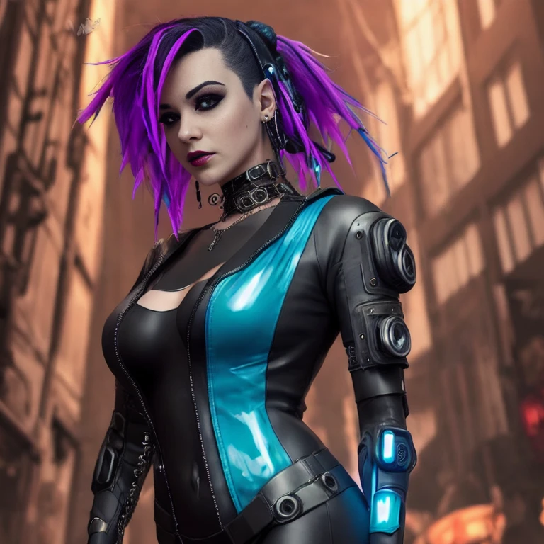 a close up of a woman in a wetsuit posing for a picture, super villain, park black leather costume, full-cosplay, cosplay, dressed in black leather, leather body suit, wearing atsuko kudo latex outfit, professional cosplay, villainess, wearing black latex outfit, cleavage, necklace, (cyberpunk background:1.5) Indigo hair