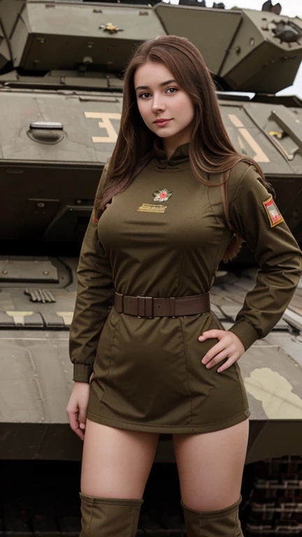 21yo rusian girl, brown hair, wearing Russian army clothing, natural big , show big thigh, plump body. standing in front of a battle tank
