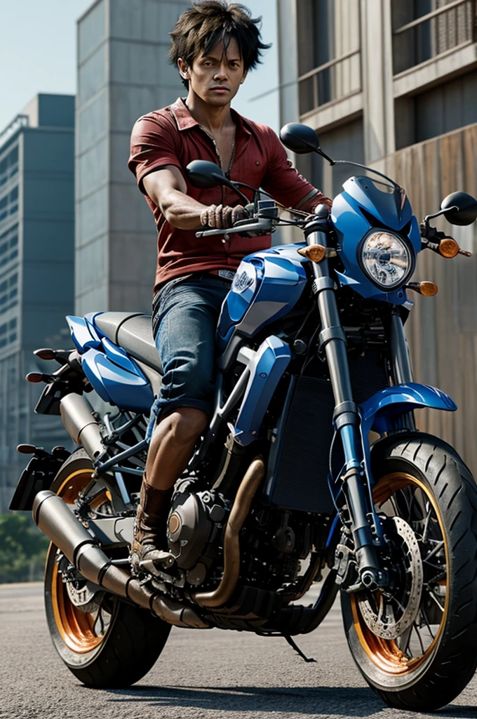 Monkey d luffy, musculoso en una moto mt09 azul, imagen real 8k, fondo de edificios