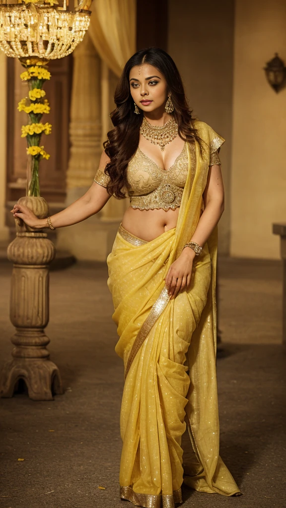 aishwarya rai in yellow saree - aishwarya r, elegant yellow skin, lady using yellow dress, wearing sari, with yellow cloths, sari, stunning elegant, shades of yellow, yellow colours, dressed in a sari, wearing a sari, with lovely look, elegant sleek smooth body, indian style, elegent, yellow clothes, maya ali, shakti, elegant shot, full body photogenic shot, full body shoot, big cheeks, curvy, hourglass figure, swooping breasts, deep cleavage, open arms, sexy armpits,big penis, nipples, ass, necklace, (cinematic:1.3), intricate details, (ArtStation:1.2)