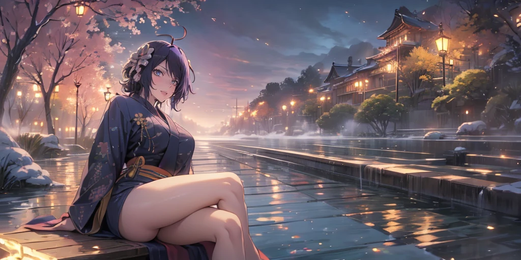 MC, ahoge, (long hari, purple hair:1.3), hair ornament, dark-blue eyes, anatomically correct, heavy breathing, mature female, 1girl, solo, breasts, looking at viewer, large breasts, long sleeves, sitting, thighs, outdoors, japanese clothes, sky, barefoot, day, cloud, wide sleeves, kimono, water, flower, spotlight, (bokeh:1.3) tree, legs, sash, bare legs, obi, crossed legs, nature, black kimono, short kimono, reflective, (fog:1.3), fireflies, hollow eyes, bright pupils, dark-blue eyes, looking at viewer. glowing eyes heavy breathing, seductive smile, (steaming face:1.3), blush face, lips,