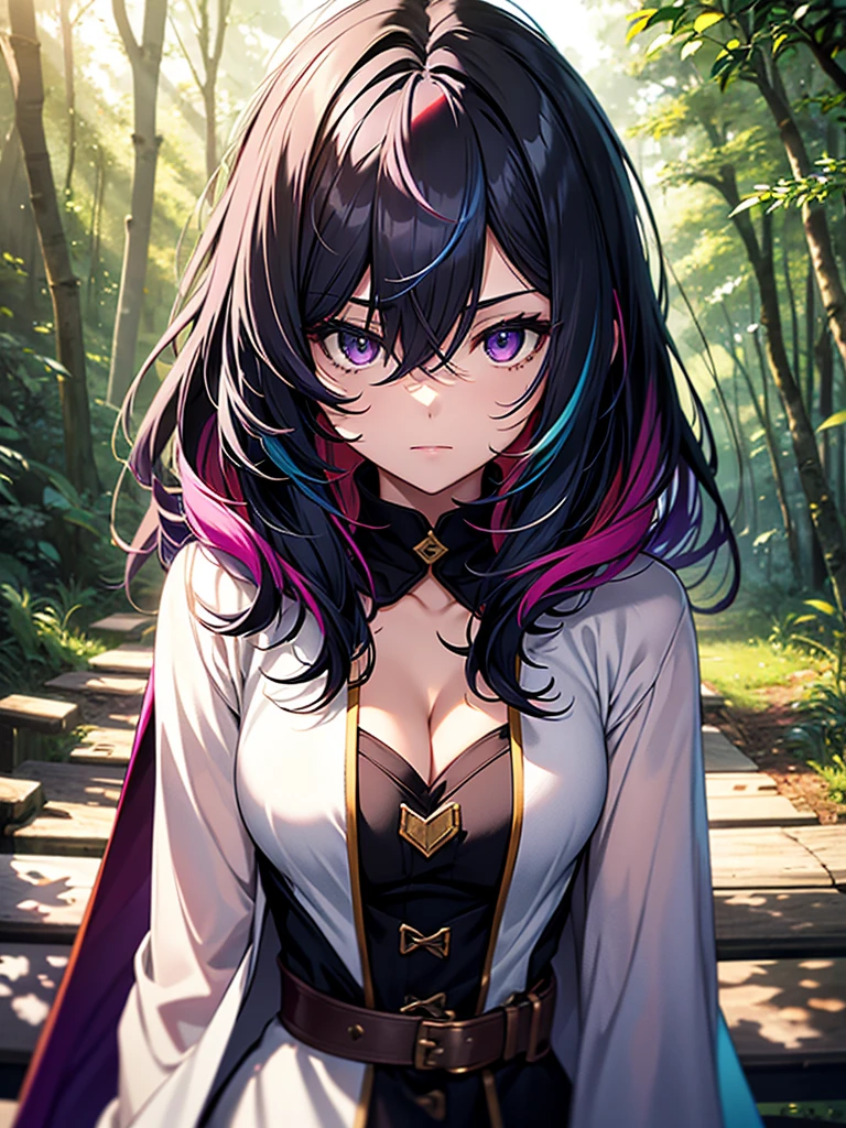 1girl, solo, young, young medium long hair, breasts, black hair, white tips, cleavage, hair between eyes, medium breasts, purple eyes, upper body, white hair, multicolored hair, outdoors, two-tone hair, cape , up, bench, cover