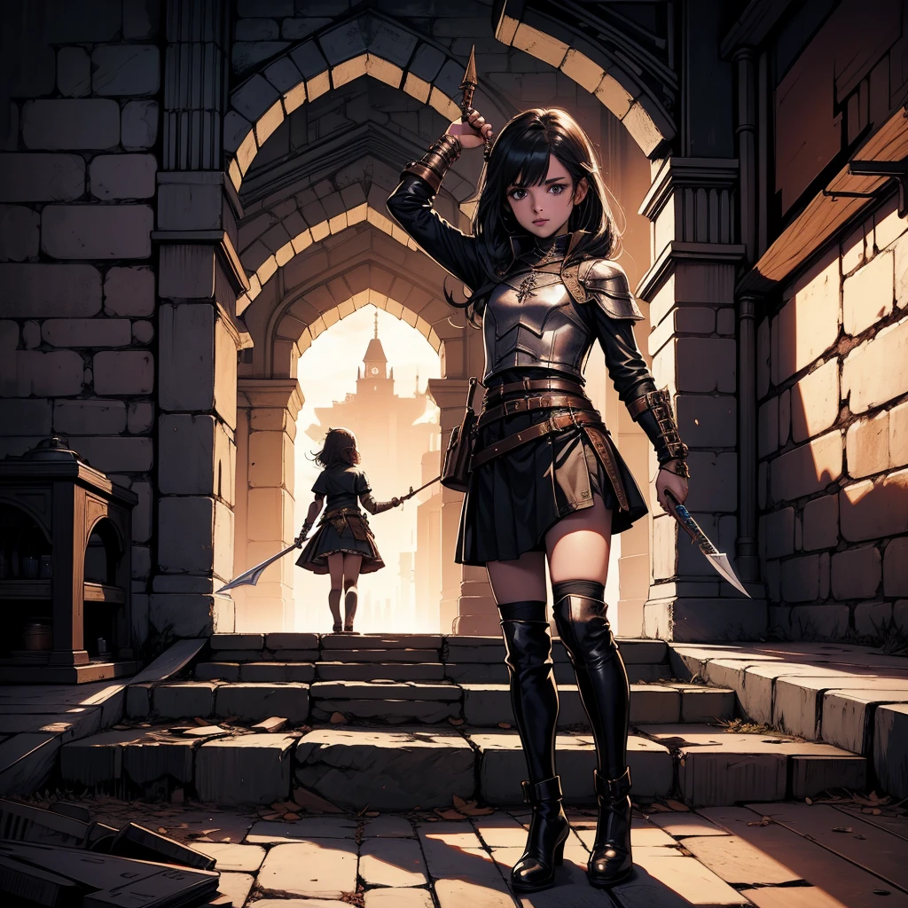 最high quality、high quality、Leather clothing and skirts、8 girl adventurer、Climb the stairs of the underground dungeon、Equipped with a dagger and a leather shield、dim