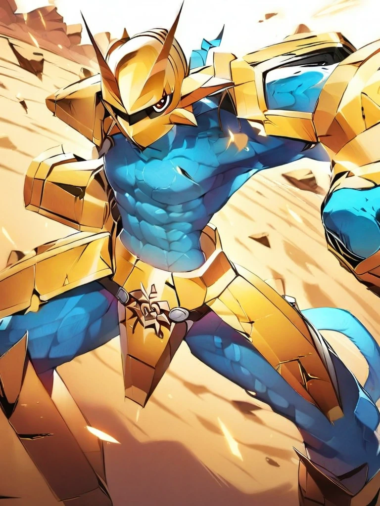 solo,Magnamon,tall, blue and white skin,(battle damaged:1.5),(topless Magnamon:2),(armor fragments:1.5),(shirtless:1.5), fighting_stance, in desert ,full_shot
