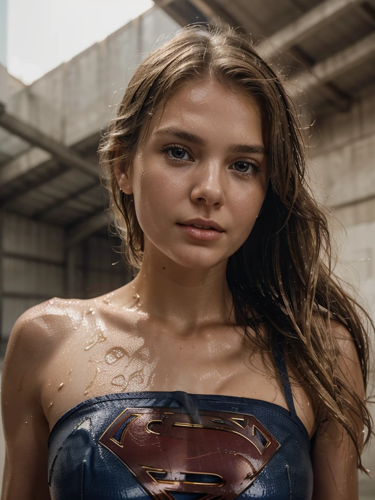 A low angle close-up image of supergirl with wet and tousled blonde hair. Her skin is glistening with water and dirt, and she has a determined expression, looking down towards the subject. biting her lower lip slightly. The background features a ceiling of a warehouse, 8k, ultra realistic, high def, dynamic gesture