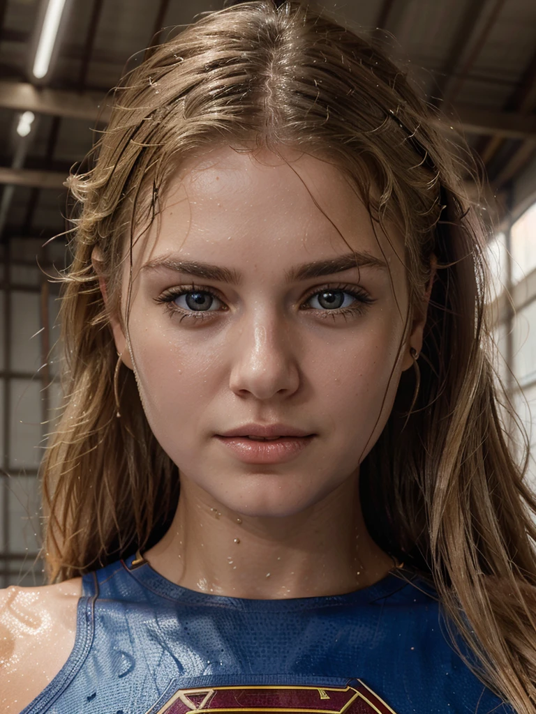 A low angle close-up image of supergirl with wet and tousled blonde hair. Her skin is glistening with water and dirt, and she has a determined expression, looking down towards the subject. biting her lower lip slightly. The background features a ceiling of a warehouse, 8k, ultra realistic, high def, dynamic gesture