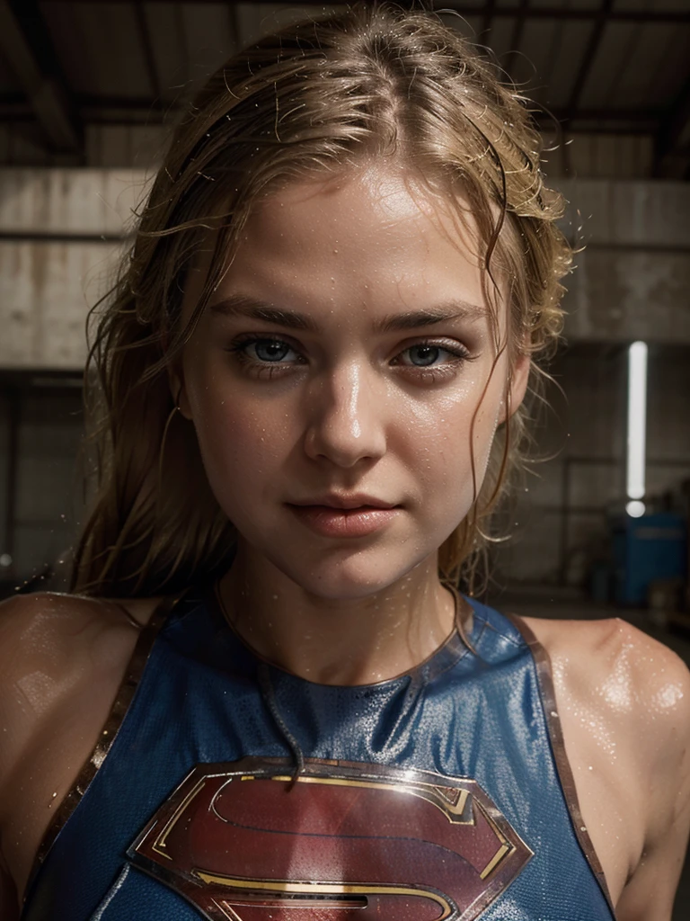 A low angle close-up image of supergirl with wet and tousled blonde hair. Her skin is glistening with water and dirt, and she has a determined expression, looking down towards the subject. biting her lower lip slightly. The background features a ceiling of a warehouse, 8k, ultra realistic, high def, dynamic gesture