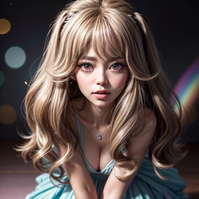 NSFW, 8k, High-level, absurd, masterpiece, best quality, primitive, very detailed CG, very detailed wallpaper, perfect lighting, Extremely detailed ((( personifying " Farrah Fawcett Majors " as a ))), MysticSight, Tyndall effect, Tyndall scattering, (Studio gray background with (Overflowing oodles Dazzling RainbowColorParticles (BokeH))), (RoundlyButts, ThighGap), (Exposed:0.4), (Assfocus with looking ahead) BREAK (Acutance:0.88), (NOGIZAKA face variations) Extremely Detailed very KAWAII face variations, perfect anatomy, Childish, CaptivatingGaze ElaboratePupils detailed Eyes with (sparkling highlights:1.28), (Voluminous LongEyelashes、GlossyRED Lips with beautiful details, RosyCheeks, Radiant PearlSkin with Transparency . { (Dynamic LifeLike expressions:1.4) | :d) }, (large eyes:-1) .