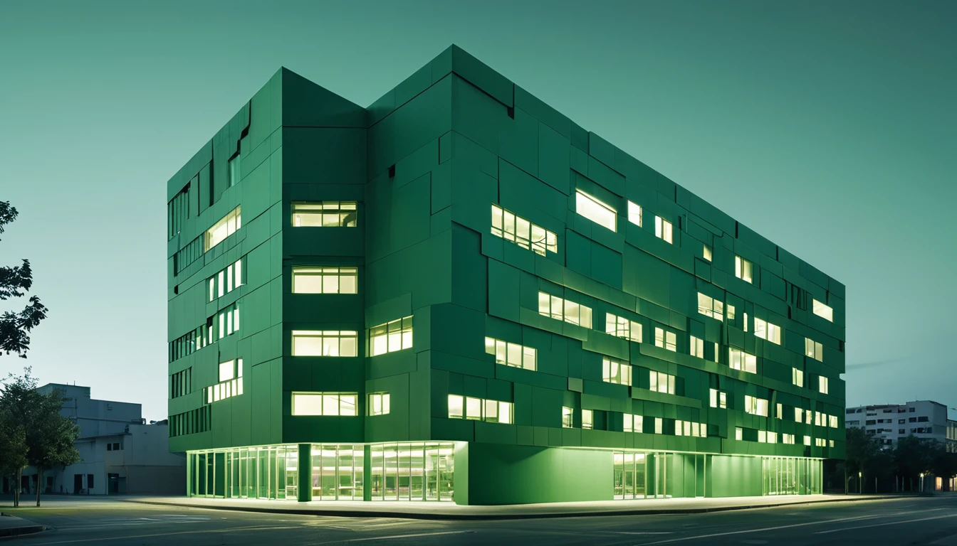 A deconstructivist building at night, with strategic lighting illuminating the various angles and planes of the structure, casting dynamic shadows that transform the environment and encourage the observer to contemplate their connection to the built world., sophisticated muted-green color scheme, studio lighting, copy background, professional grading, advertising, 8bits