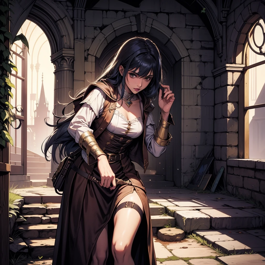 最high quality、high quality、Robe/Skirt、８Old Adventurer、Climb the stairs of the underground dungeon、Equipped with a dagger and a leather shield、dim