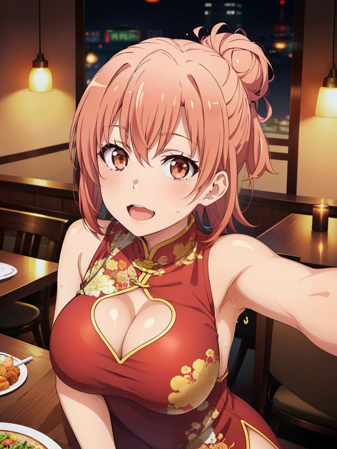 ((Highest quality, High resolution,  Perfect Pixel,  4k)),  (Beautiful Anime Girls), Depth of written boundary、
Watching the audience, 
Perfect body, 

yuigahama yui, Brown eyes、Detailed eyes、

(Big Breasts:1.3)、

Focus on the chest、

red china dress with heart cutout, Hair Bun、
Sweat、
smile、Open your mouth、
Chinese restaurant、
Selfie、