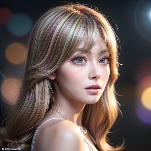 NSFW, 8k, High-level, absurd, masterpiece, best quality, primitive, very detailed CG, very detailed wallpaper, perfect lighting, Extremely detailed ((( personifying " Farrah Fawcett Majors " as a  Girl))), MysticSight, Tyndall effect, Tyndall scattering, (Studio gray background with (Overflowing oodles Dazzling RainbowColorParticles (BokeH))), (RoundlyButts, ThighGap), (Exposed:0.4), (Assfocus with looking ahead) BREAK  (Acutance:0.88), (NOGIZAKA face variations) Extremely Detailed very KAWAII face variations, perfect anatomy, Childish, CaptivatingGaze ElaboratePupils detailed Eyes with (sparkling highlights:1.28), (Voluminous LongEyelashes、GlossyRED Lips with beautiful details, RosyCheeks, Radiant PearlSkin with Transparency . { (Dynamic LifeLike expressions:1.4) | :d) }, (large eyes:-1) .