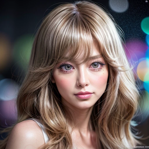 NSFW, 8k, High-level, absurd, masterpiece, best quality, primitive, very detailed CG, very detailed wallpaper, perfect lighting, Extremely detailed ((( personifying " Farrah Fawcett Majors " as a ))), MysticSight, Tyndall effect, Tyndall scattering, (Studio gray background with (Overflowing oodles Dazzling RainbowColorParticles (BokeH))), (RoundlyButts, ThighGap), (Exposed:0.4), (Assfocus with looking ahead) BREAK (Acutance:0.88), (NOGIZAKA face variations) Extremely Detailed very KAWAII face variations, perfect anatomy, Childish, CaptivatingGaze ElaboratePupils detailed Eyes with (sparkling highlights:1.28), (Voluminous LongEyelashes、GlossyRED Lips with beautiful details, RosyCheeks, Radiant PearlSkin with Transparency . { (Dynamic LifeLike expressions:1.4) | :d) }, (large eyes:-1) .
