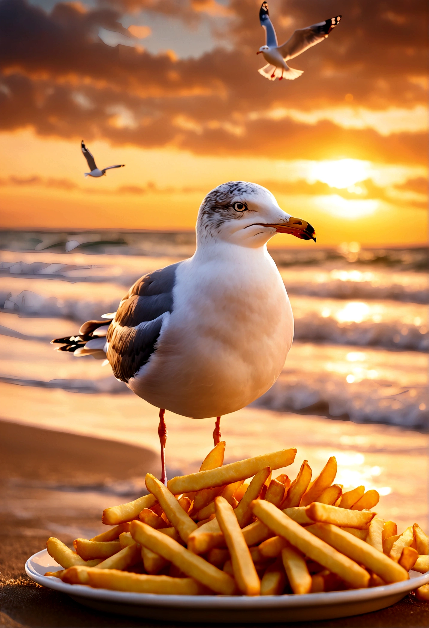 Seagull and Fries, seagull, french fries, beach, sunset, dramatic sky, ocean waves, sandy shore, food on the beach, hungry seagull, seagull reaching for fries, detailed seagull, detailed french fries, 8k, highly detailed, vivid colors, dramatic lighting, cinematic, golden hour, masterpiece, best quality, very aesthetic, absurdres