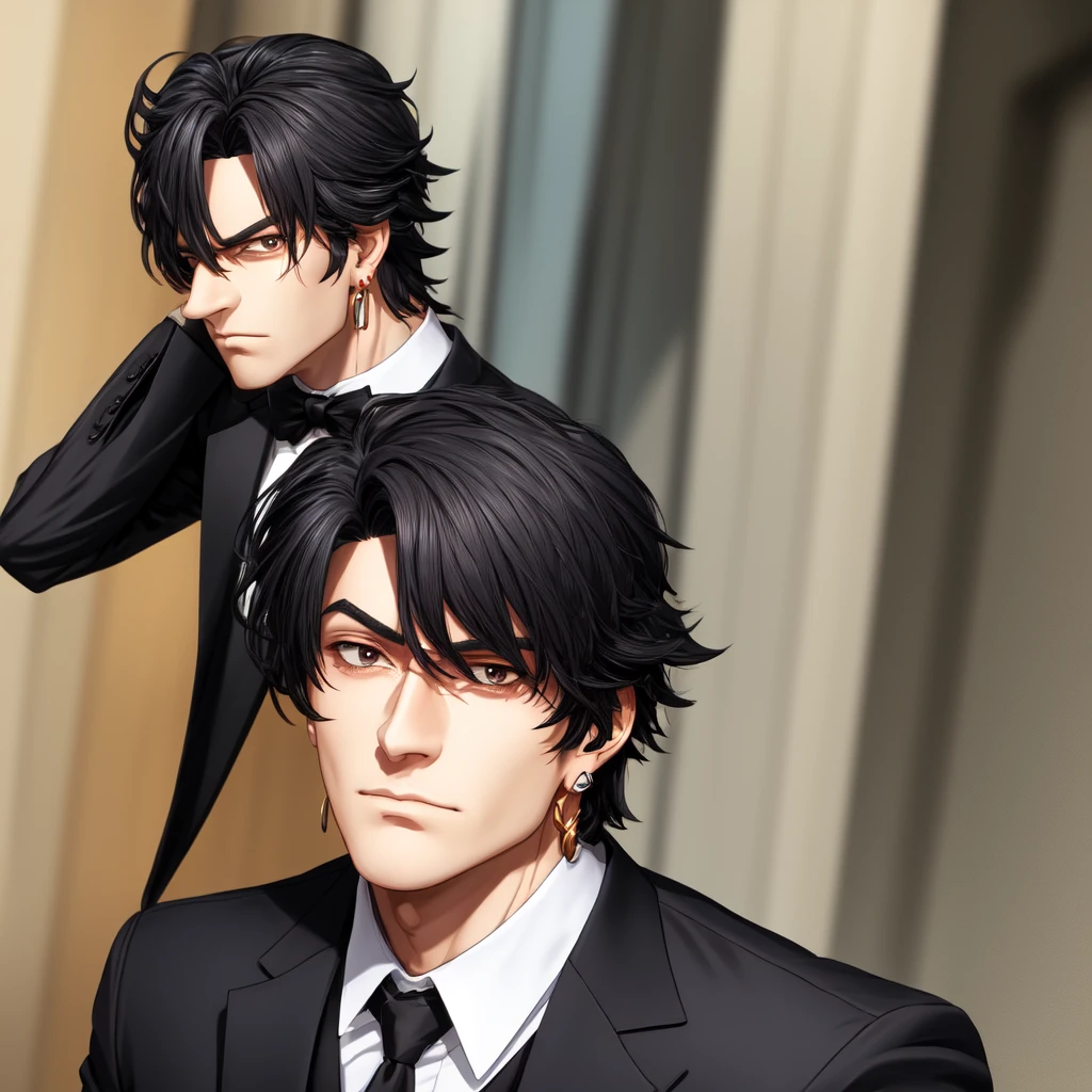 A man wearing black tuxedo with redeyes,serious face,wearing earrings and necklace,only him,2d realistic anime